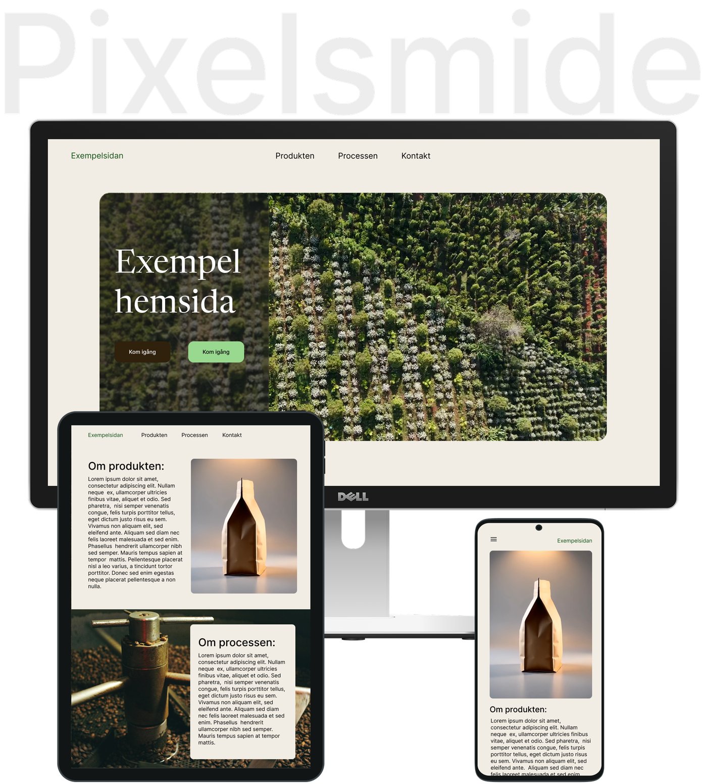 Exempel på en hemsida byggd av Pixelsmide, visad på dator, surfplatta och mobil