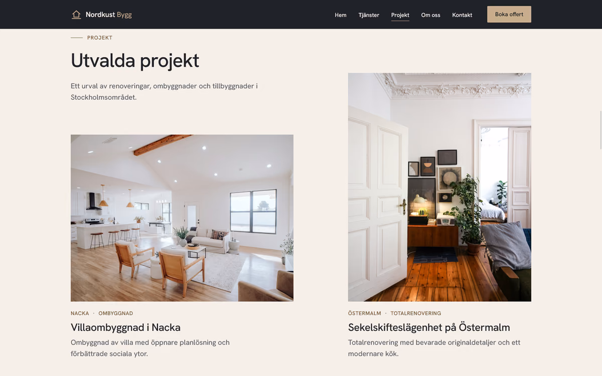 Efter: exempel på Pixelsmides förslag till samma företag, med luftig typografi, varma toner och stora projektbilder med beskrivningar