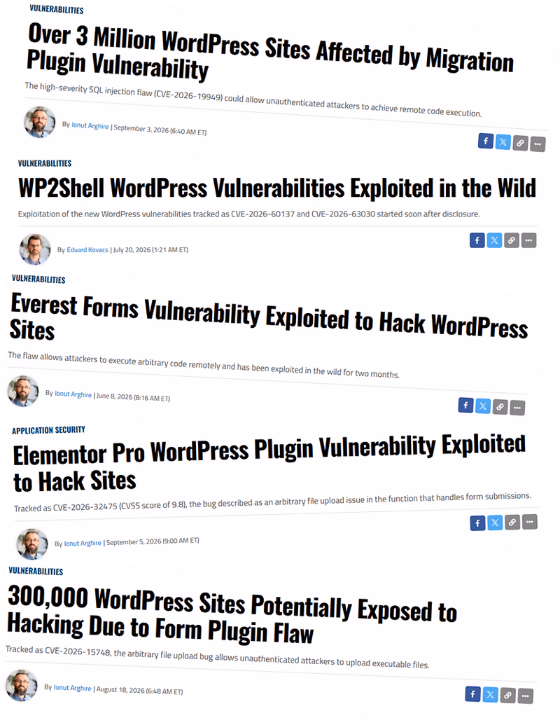 Rubriker från artiklar om hackade WordPress-sajter