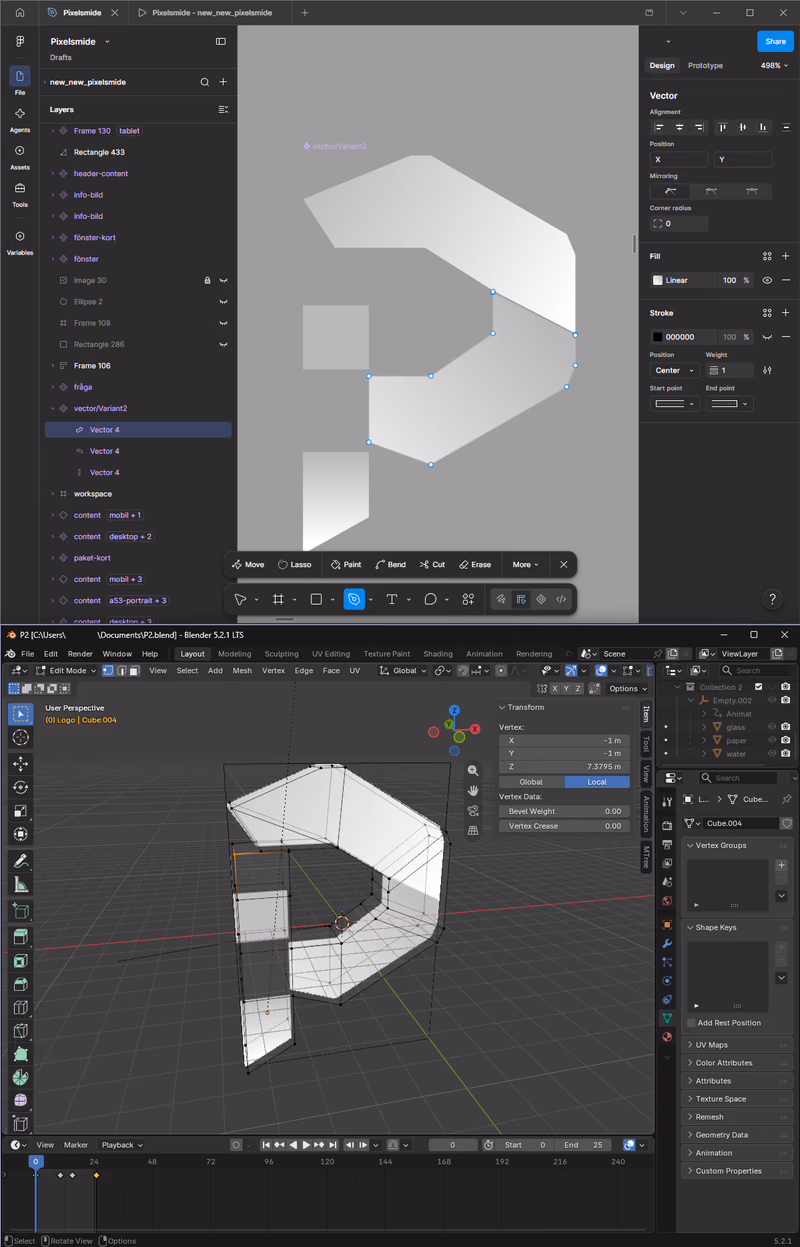 Pixelsmide-loggan under arbete: som vektor i Figma och som 3D-modell i Blender