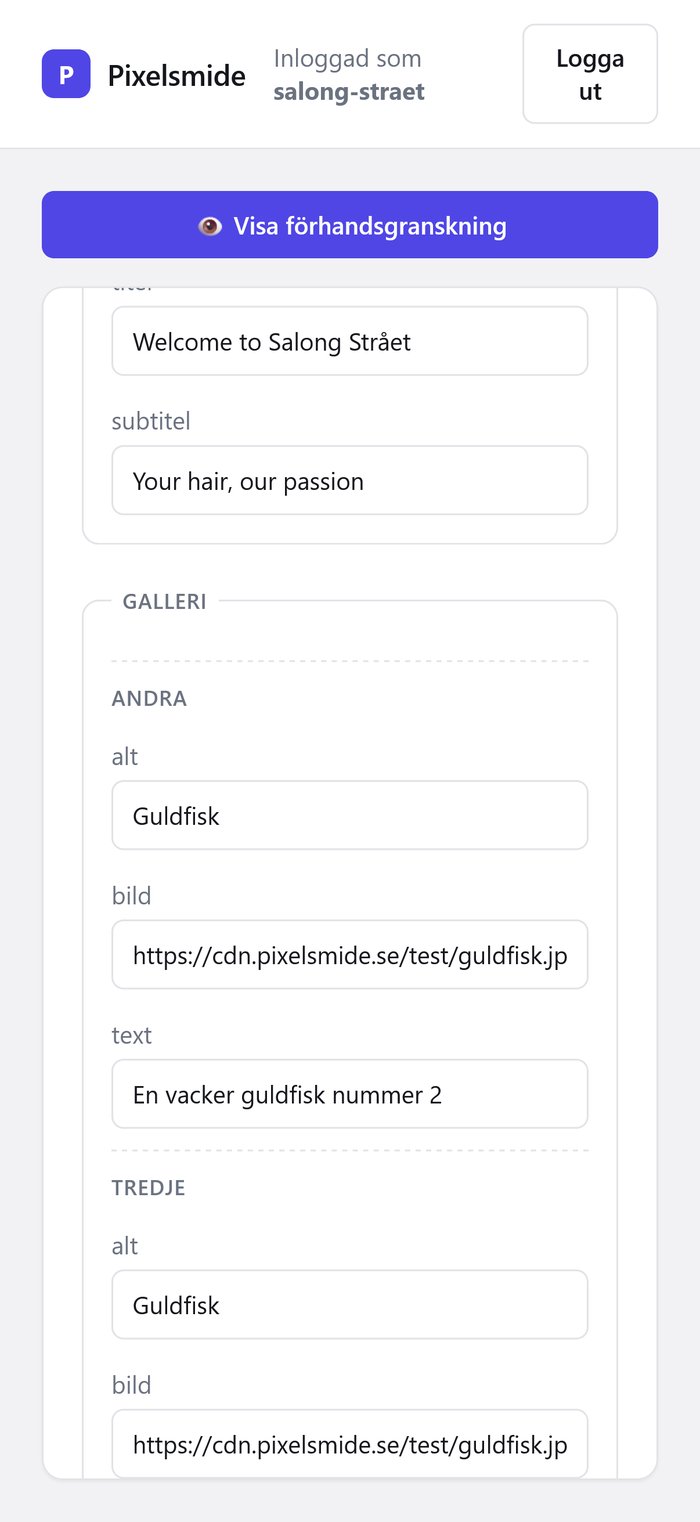 Skärmbild av Pixelsmides portal, där en kund redigerar sin hemsidas innehåll